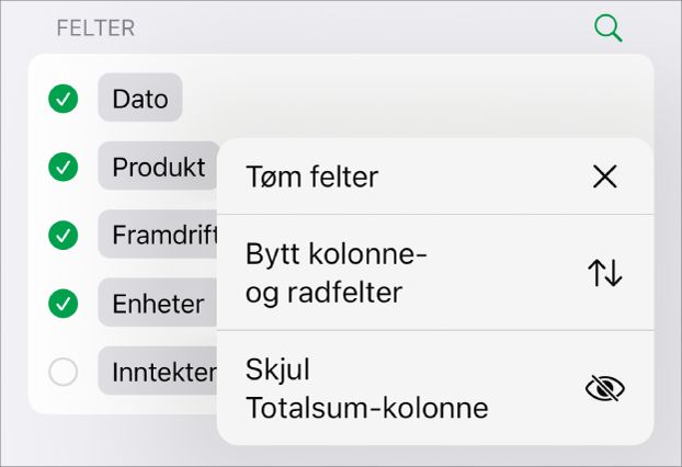 Flere feltvalg-menyen, med kontroller for å skjule totalsummer, bytte kolonne- og radfelter og tømme felter.