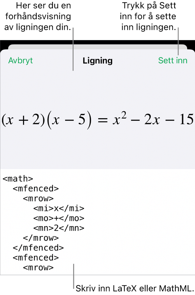 Ligning-dialogruten, som viser en formel skrevet med MathML-kommandoer, og en forhåndsvisning av formelen ovenfor.
