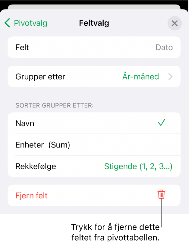 Feltvalg-menyen med kontroller for å gruppere og sortere data samt valget for å fjerne et felt.