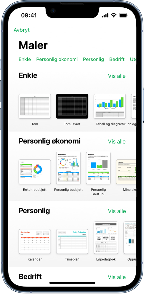 Malvelgeren med en rad med kategorier langs toppen som du kan trykke på for å filtrere alternativene. Nedenfor vises miniatyrbilder av forhåndsdesignede maler arrangert i rader etter kategori, med Sist brukte øverst, etterfulgt av Enkle og Personlig økonomi. En Vis alle-knapp vises over og til høyre for hver kategorirad. Språk og region-knappen er øverst til høyre.