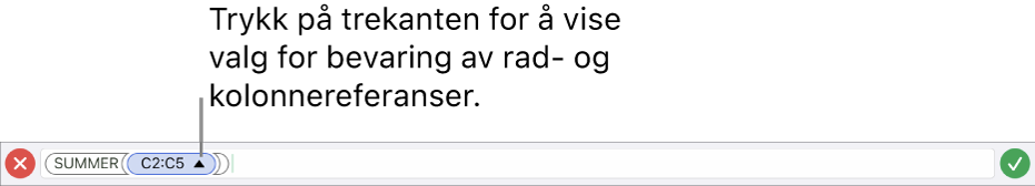 Formelredigering, som viser hvordan du bevarer rad- og kolonnereferanser når cellen kopieres eller flyttes.