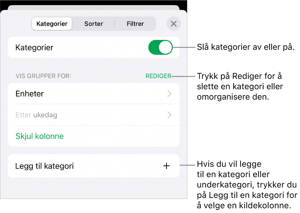 Kategorier-menyen for iPhone med alternativer for å slå av kategorier, slette kategorier, omgruppere data, skjule en kildekolonne og legge til kategorier.