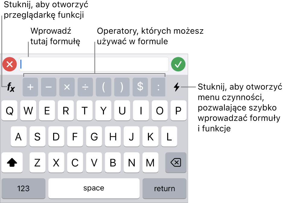 Klawiatura formuł z widocznym u góry edytorem formuł oraz widocznymi poniżej operatorami używanymi w formułach. Przycisk Funkcje, otwierający przeglądarkę funkcji, znajduje się po lewej stronie operatorów, a przycisk Czynności widoczny jest po prawej.