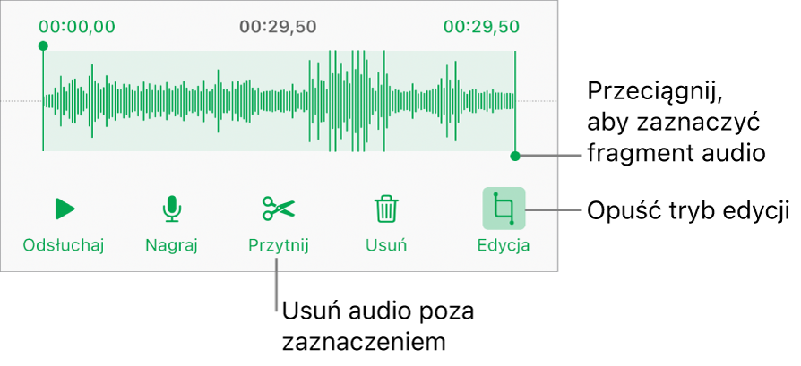 Narzędzia do edycji nagranego dźwięku. Uchwyty wskazują zaznaczoną sekcję nagrania. Poniżej widoczne są przyciski podglądu, nagrywania, przycinania, usuwania oraz trybu edycji.