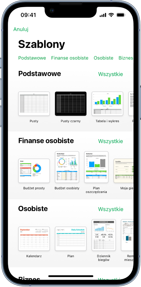 Paleta szablonów z widocznym na górze wierszem kategorii, w które możesz stuknąć, aby filtrować dostępne szablony. Poniżej widoczne są miniaturki gotowych szablonów uporządkowane wierszami według kategorii, zaczynając od widocznej na górze kategorii Ostatnie, po której następuje kategoria Podstawowe oraz kategoria Finanse osobiste. Po prawej stronie nad każdym wierszem kategorii widoczny jest przycisk Zobacz wszystkie. W prawym górnym rogu widoczny jest przycisk Język i region.