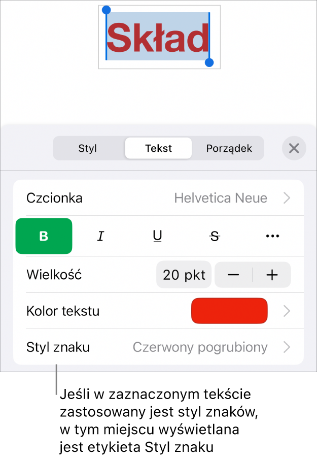 Narzędzia formatowania tekstu oraz menu stylów znaków widoczne poniżej narzędzi koloru. Styl znaków Brak wyświetlany jest z gwiazdką.