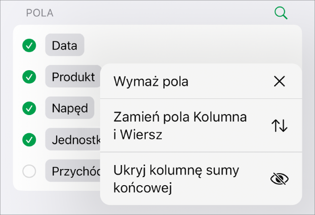 Menu Więcej opcji pola pokazujące narzędzia ukrywania sum końcowych, zamiany pól kolumn oraz wierszy, oraz wymazania pól.