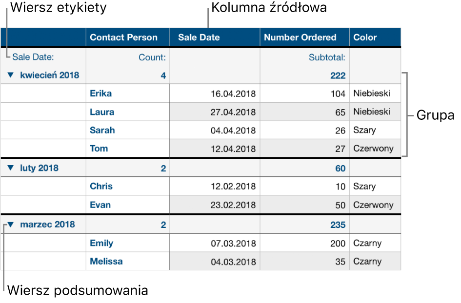 Tabela z kategoriami, a w niej kolumna źródłowa, grupy, wiersz podsumowania oraz wiersz etykiet.