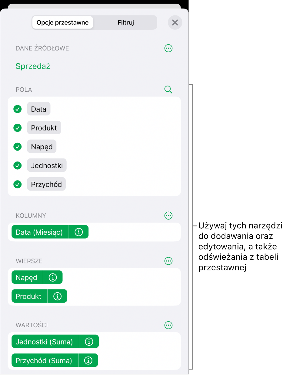 Menu Opcje przestawne zawierające pola w sekcjach Kolumny, Wiersze i Wartości, a także narzędzia do edycji pól.