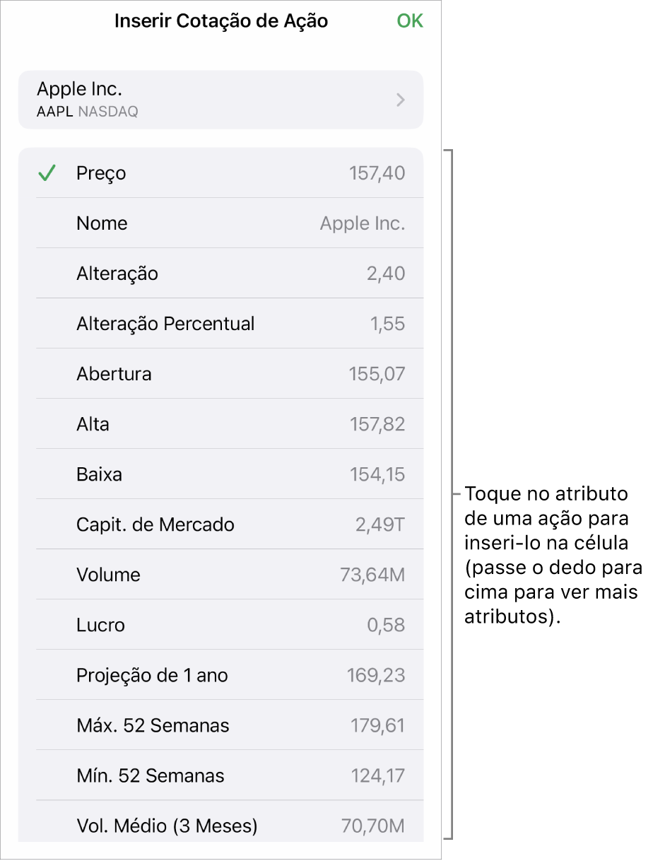 O popover de Cotação da Ação com o nome da ação acima e atributos de ação selecionáveis em lista abaixo, incluindo preço, nome, alteração, alteração percentual e abertura.