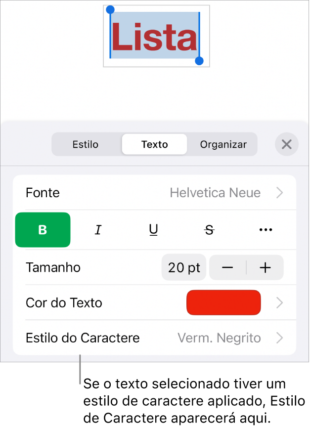 Os controles de formatação de texto com “Estilo de Caractere” abaixo dos controles de cor. O estilo de caractere Nenhum aparece com um asterisco.