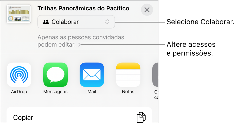 Menu Compartilhar com Colaborar selecionado na parte superior e os ajustes de acesso e permissão abaixo.