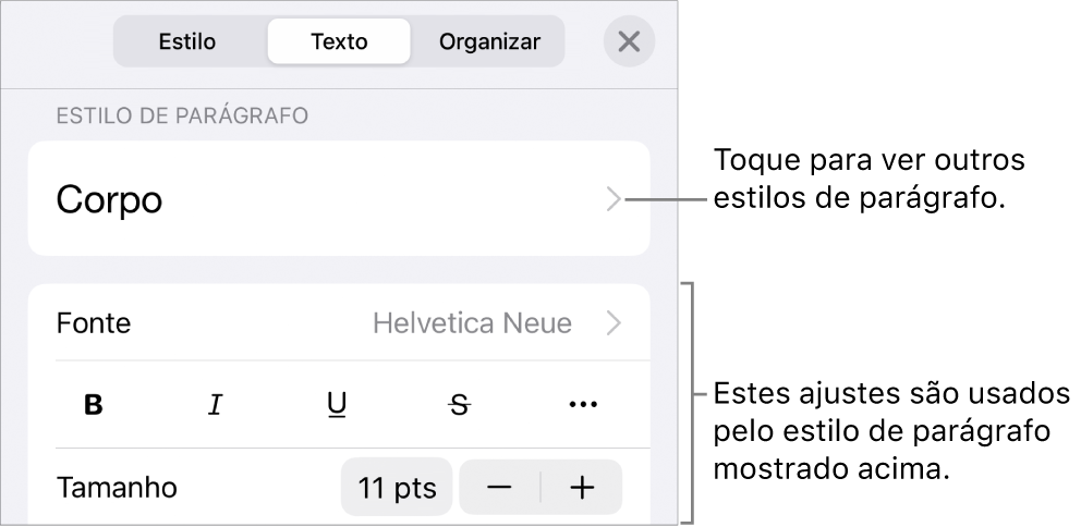 O menu Formatar, mostrando controles de texto para definir estilo, fonte, tamanho e cor de caractere e parágrafo.