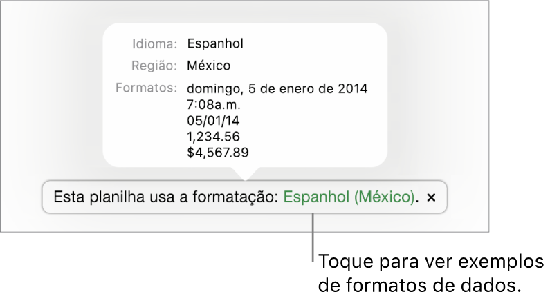 A notificação da configuração diferente de idioma e região, com exemplos de formatação no idioma e região diferentes.