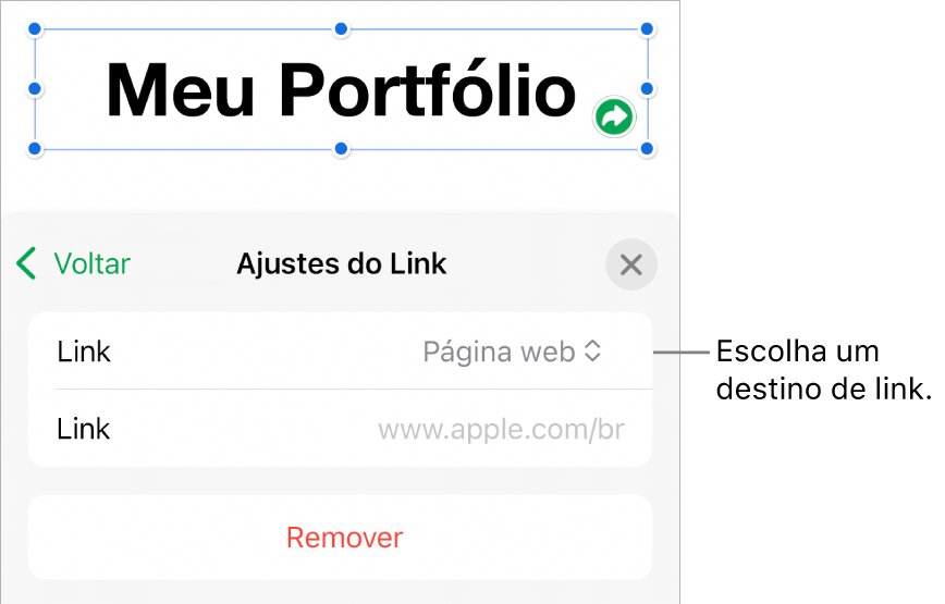 Controles de “Ajustes do Link” com Página Web selecionado e o botão Remover na parte inferior.