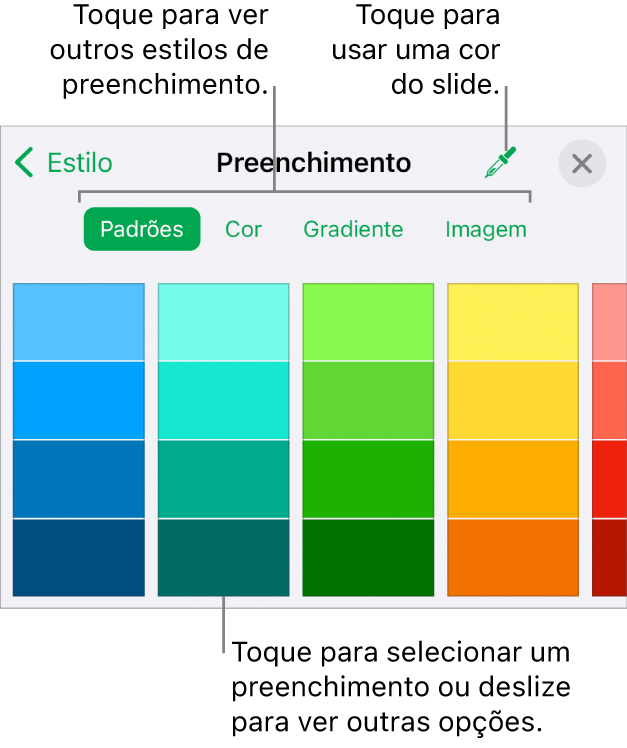 Opções de preenchimento na aba Estilo do botão Formatar.