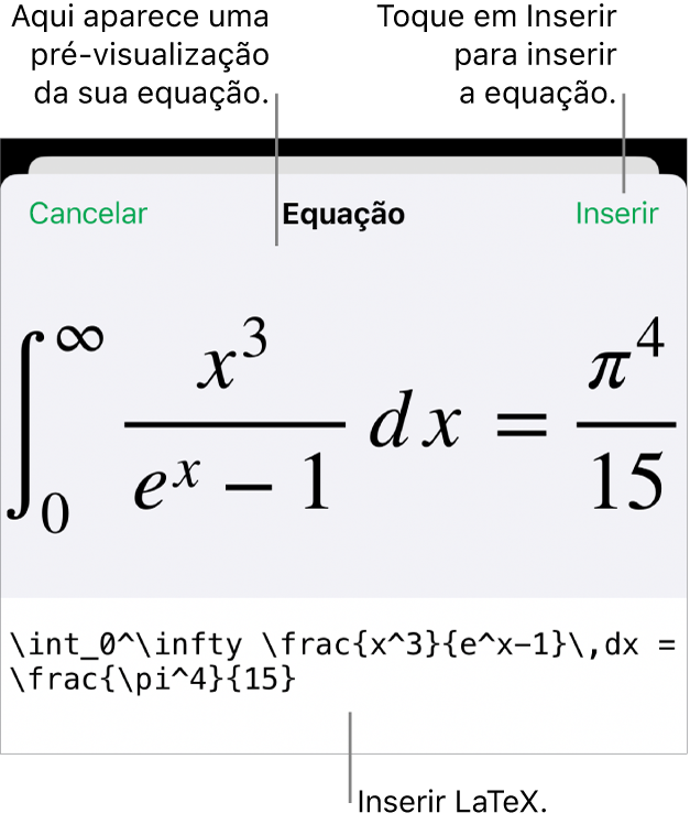 O diálogo de Equação, mostrando uma equação escrita com comandos LaTex e uma pré-visualização da fórmula acima.