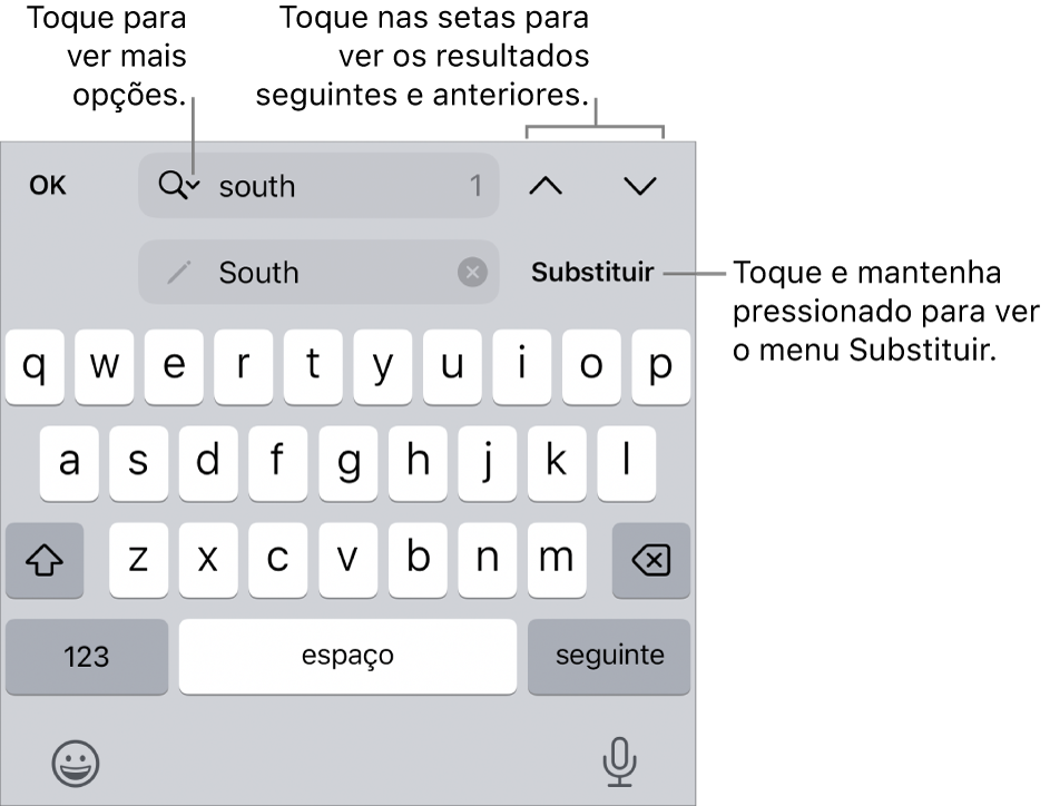 Os controles em Buscar e Substituir acima do teclado, com chamadas para os botões Opções de Busca, Substituir, Ir para Cima e Ir para Baixo.