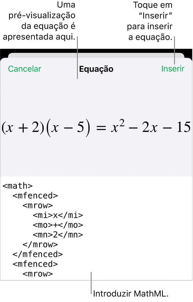 A caixa de diálogo “Equação”, apresentando uma equação escrita com recurso aos comandos MathML e uma pré-visualização da fórmula em cima.