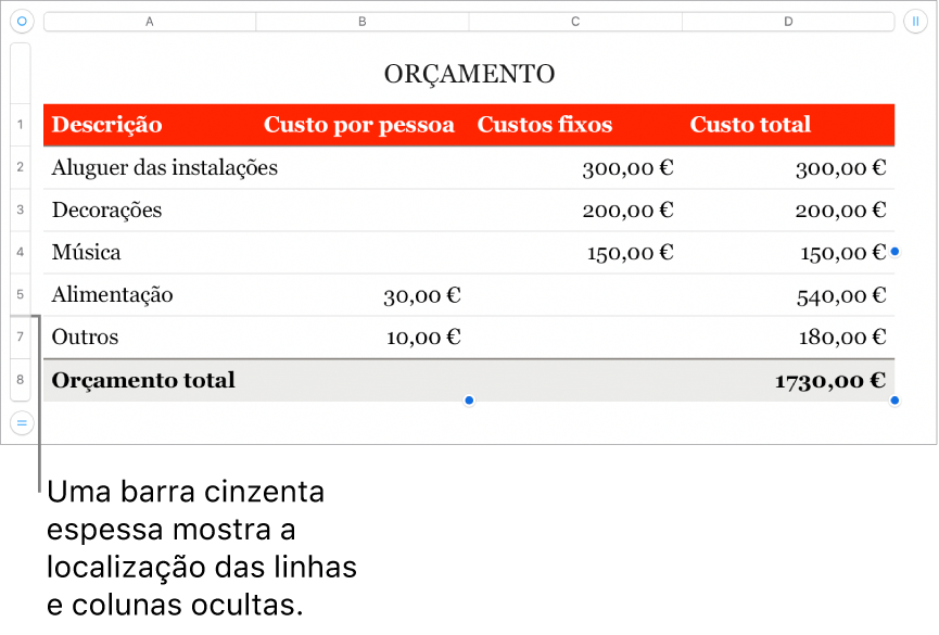 Uma barra cinzenta espessa que mostra a localização das linhas e colunas ocultas.