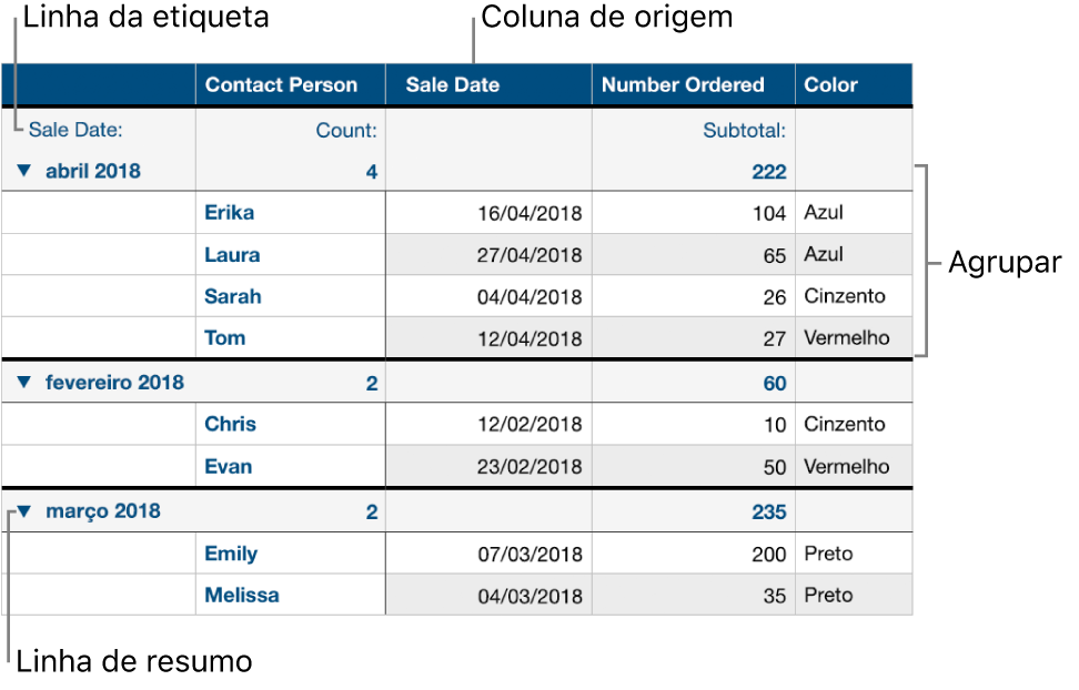 Uma tabela categorizada a mostrar a coluna de origem, grupos, linha de resumo e linha de etiqueta.