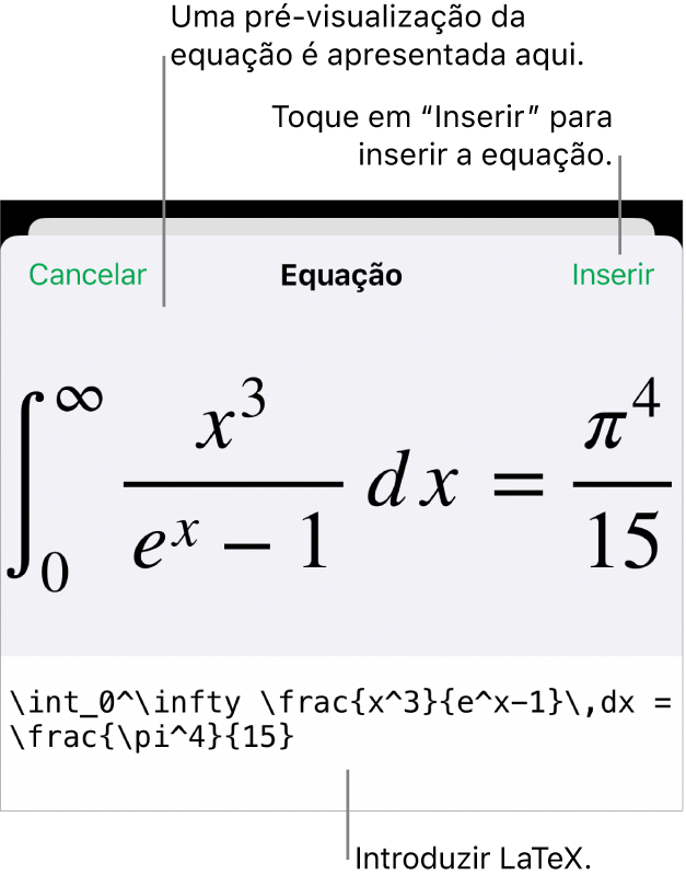 A caixa de diálogo “Equação”, apresentando uma equação escrita com recurso aos comandos LaTeX e uma pré-visualização da fórmula em cima.