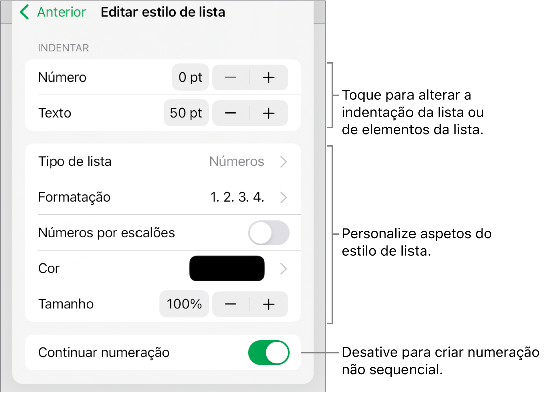 O menu “Editar estilo de lista” com controlos para espaçamento, tipo de lista e formatação, números por escalões, cor e tamanho da lista e numeração contínua.