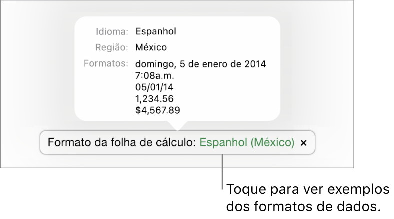 A notificação da definição diferente do idioma e região, apresentando exemplos da formatação nesse idioma e região.