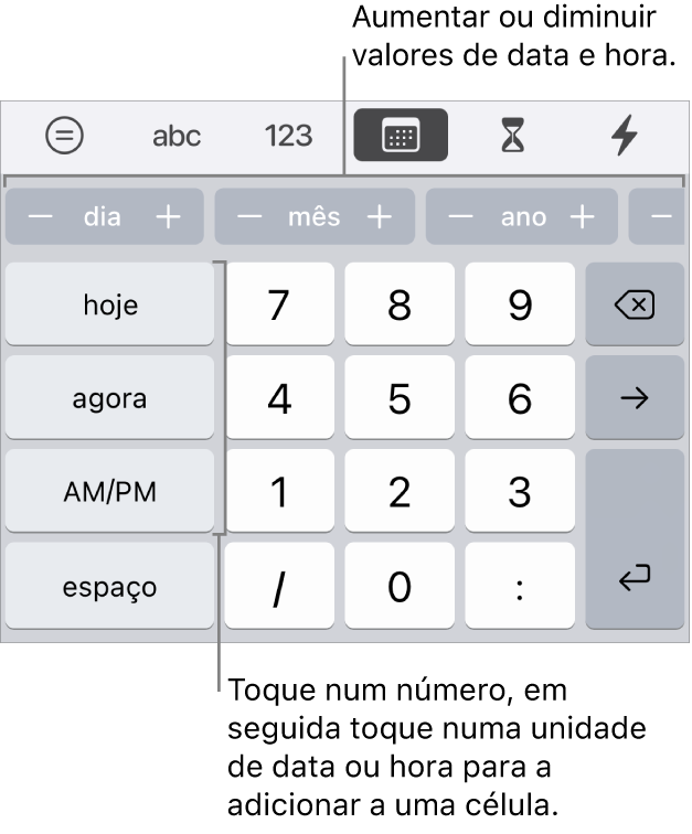 Teclado de data e hora. Uma fila de botões junto à parte superior mostra as unidades de tempo (mês, dia e ano) que pode incrementar de modo a alterar o valor apresentado na célula. São teclas à esquerda para hoje, agora e 12H/24H, e teclas numéricas no centro do teclado.