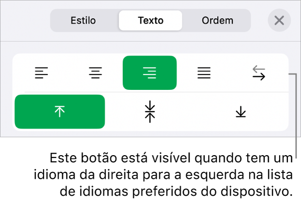 A secção “Estilo” do menu “Formatação” com uma chamada para o botão "Da direita para a esquerda”.