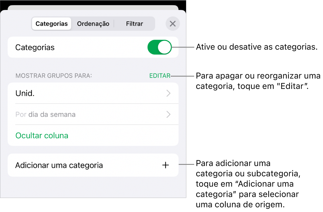 O menu "Categorias” para iPhone com opções para desativar as categorias, apagar categorias, reagrupar dados, ocultar uma coluna de origem e adicionar categorias.