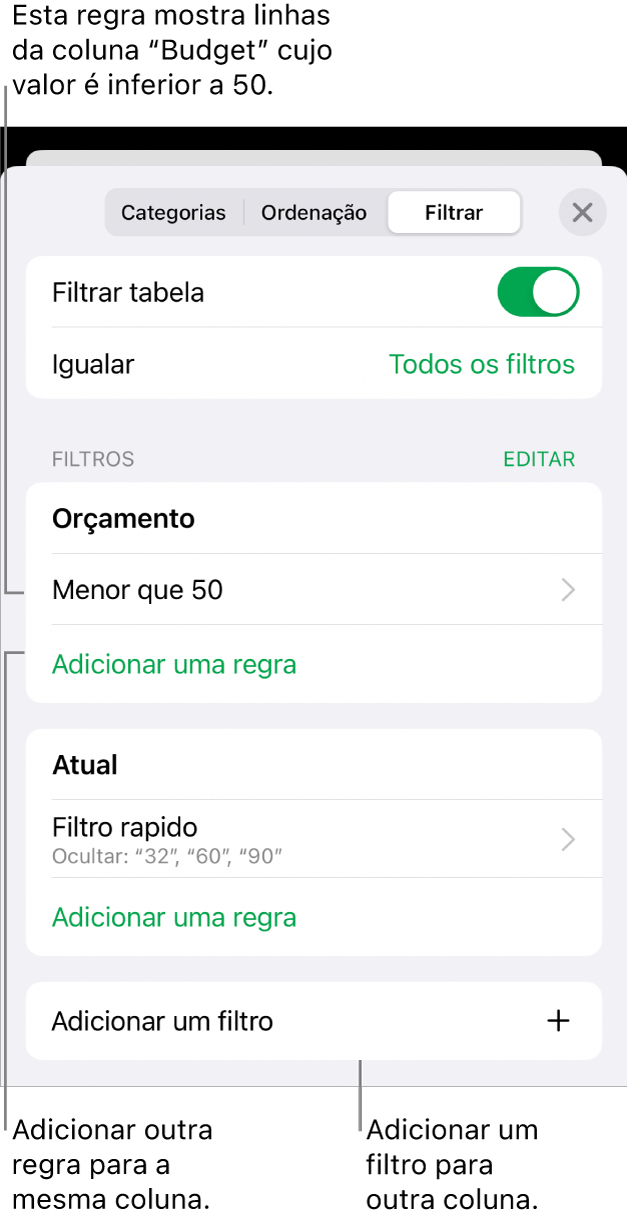 Controlos para adicionar novas regras de filtragem ou edição de regras existentes.