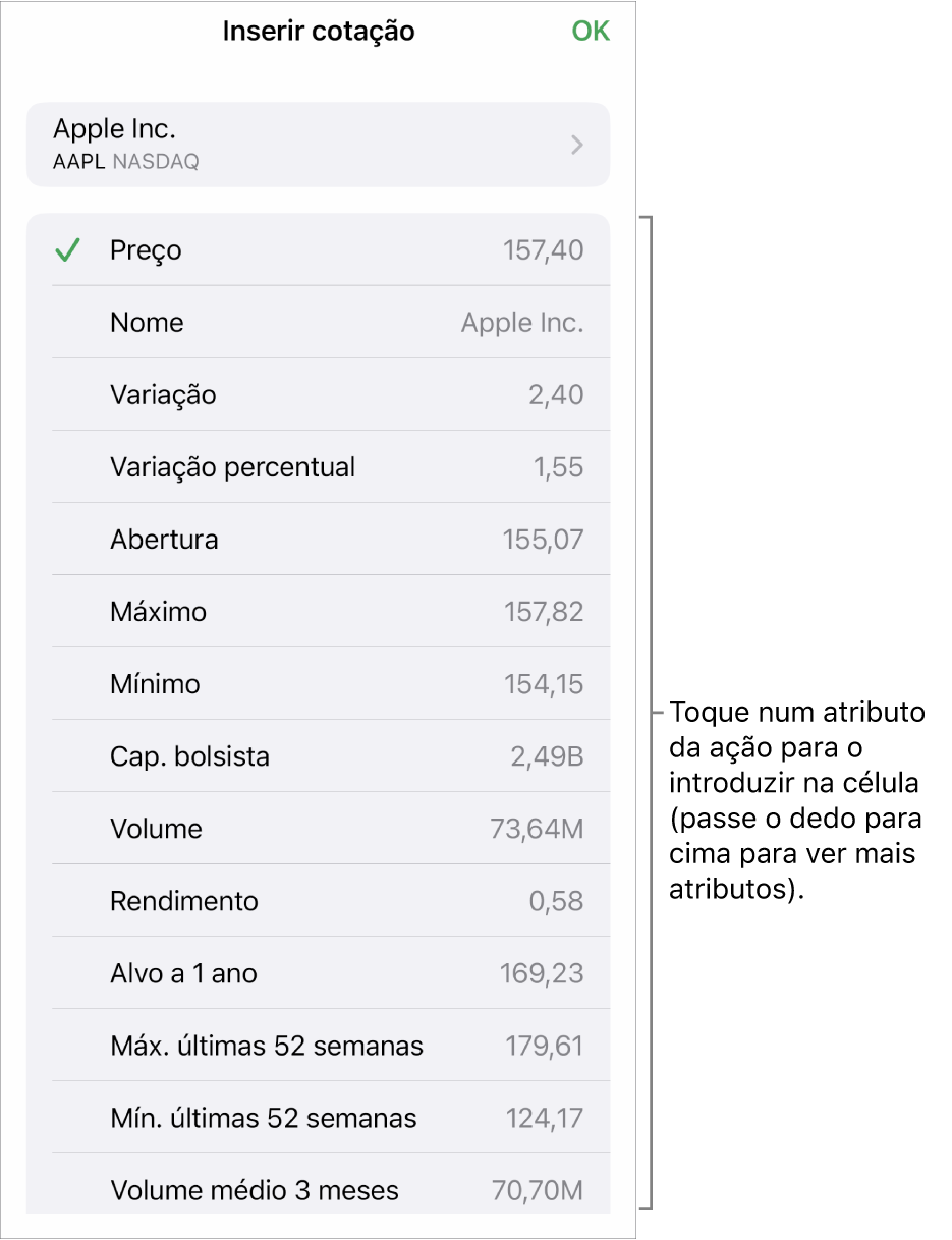 O pop-over de cotação, com o nome do título na parte superior e atributos do título selecionáveis, incluindo o preço, o nome, a variação, a variação percentual e a abertura apresentados abaixo.