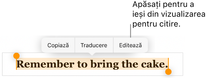 O propoziție este selectată și deasupra acesteia se află un meniu contextual cu butoanele Copiați și Editați.