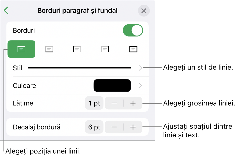 Comenzile pentru schimbarea stilului, grosimii, poziției și culorii liniei.