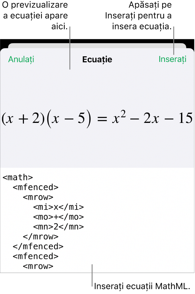 Caseta de dialog Ecuație, afișând o ecuație scrisă cu ajutorul comenzilor MathML și, deasupra, o previzualizare a formulei.