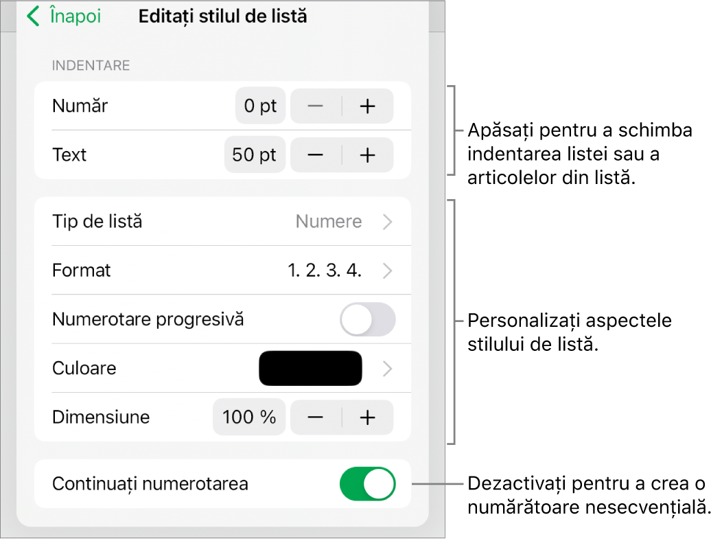 Meniul Editați stilul de listă, cu comenzile pentru spațierea indentărilor, tipurile și formatele de liste, numerotare progresivă, culori și dimensiuni de liste și numerotarea continuă.