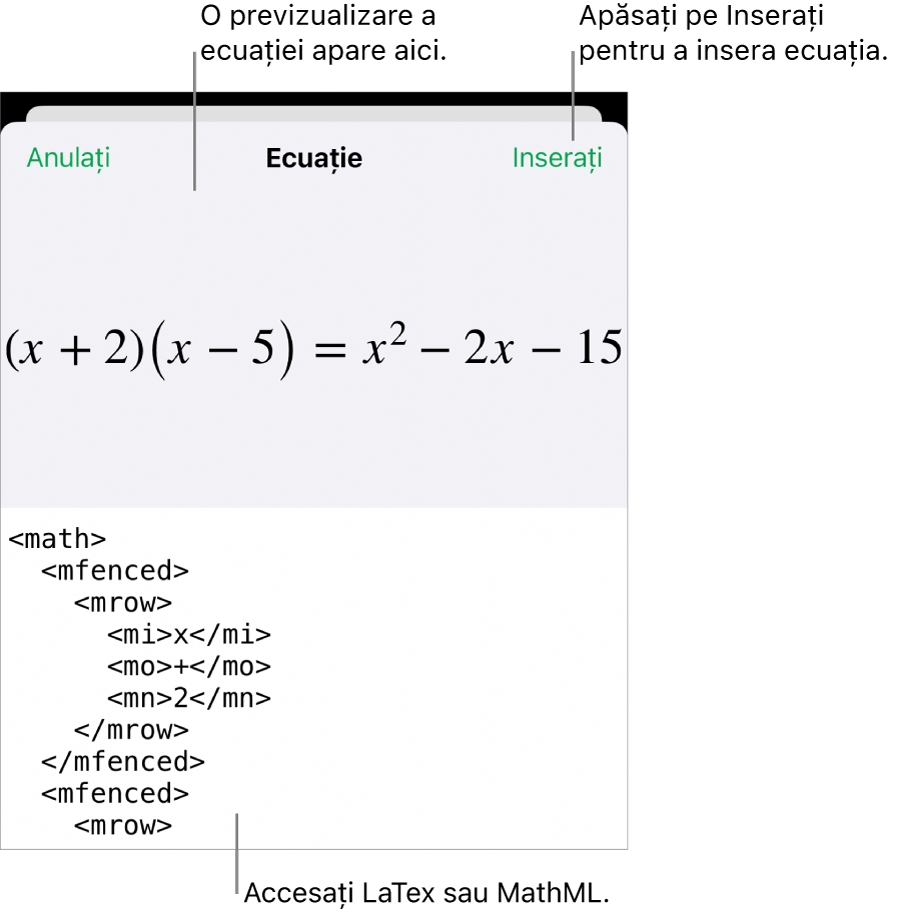 Caseta de dialog Ecuație, afișând o ecuație scrisă cu ajutorul comenzilor MathML și, deasupra, o previzualizare a formulei.