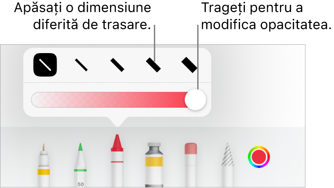 Comenzile pentru alegerea unei dimensiuni de trasare și un glisor pentru ajustarea opacității.