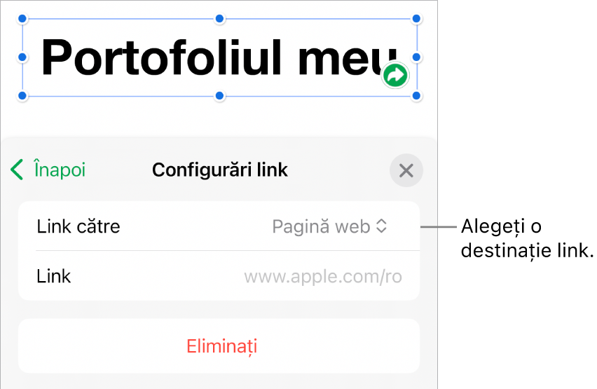 Comenzile Configurări link cu opțiunea Pagină web selectată și butonul Eliminați în partea de jos.