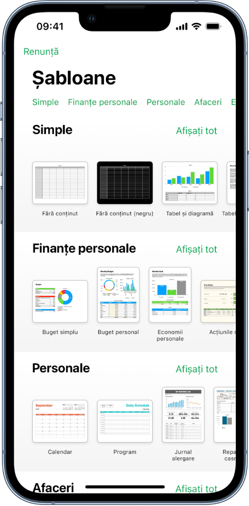 Selectorul de șabloane afișând un rând de categorii de-a lungul părții de sus, pe care puteți apăsa pentru a filtra opțiunile. Mai jos sunt miniaturile șabloanelor predefinite aranjate pe rânduri după categorie, începând cu Recente în partea de sus și urmate de Simple și de Finanțe personale. Un buton Afișează tot apare deasupra și în dreapta rândului fiecărei categorii. Butonul Limbă și regiune este în colțul din dreapta sus.