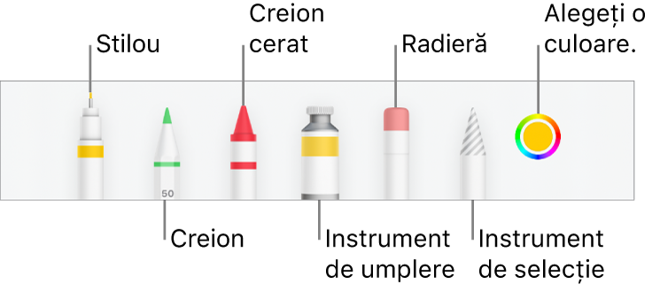 Bara de instrumentele pentru desen din Numbers pe iPhone cu stilou, creion, creion cerat, instrument de umplere, radieră, instrument de selecție și sursă de culoare afișând culoarea curentă.