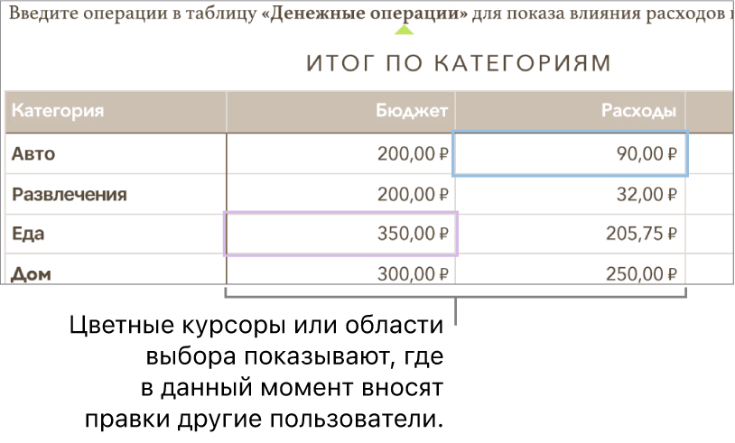 Курсоры или выделенные участки различных цветов показывают, где разные пользователи вносят правки.