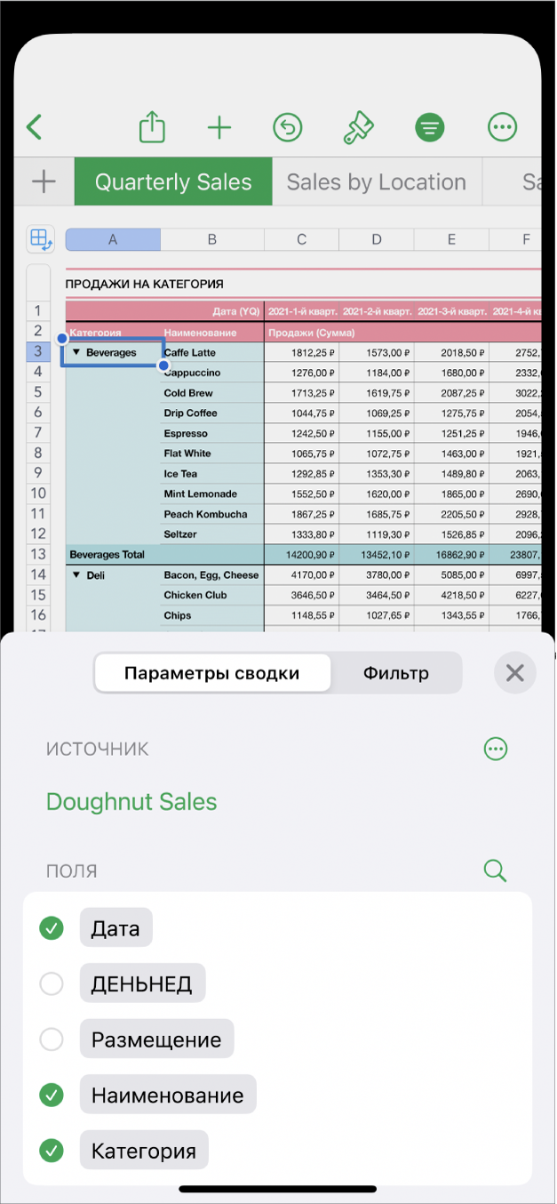 Открыта таблица. Внизу экране отображаются элементы управления «Параметры сводки» и «Фильтрация».