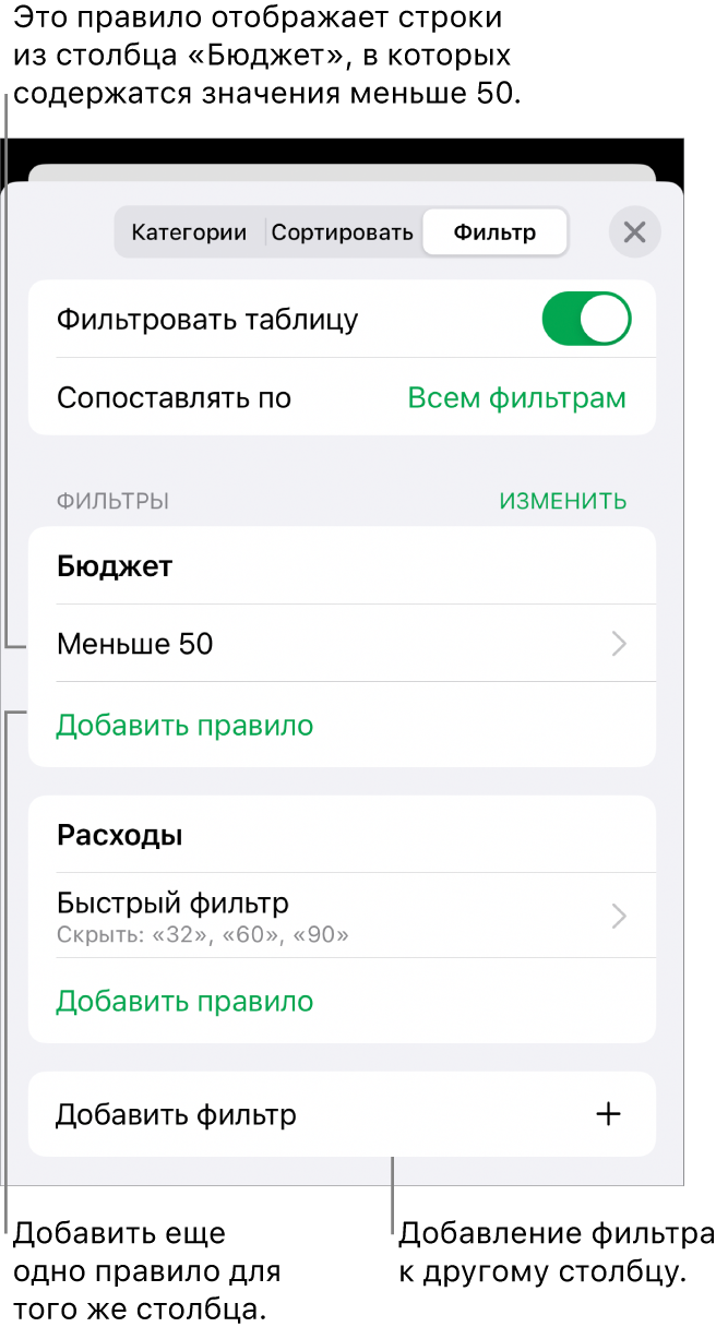 Элементы управления для добавления новых правил фильтрации или редактирования существующих.