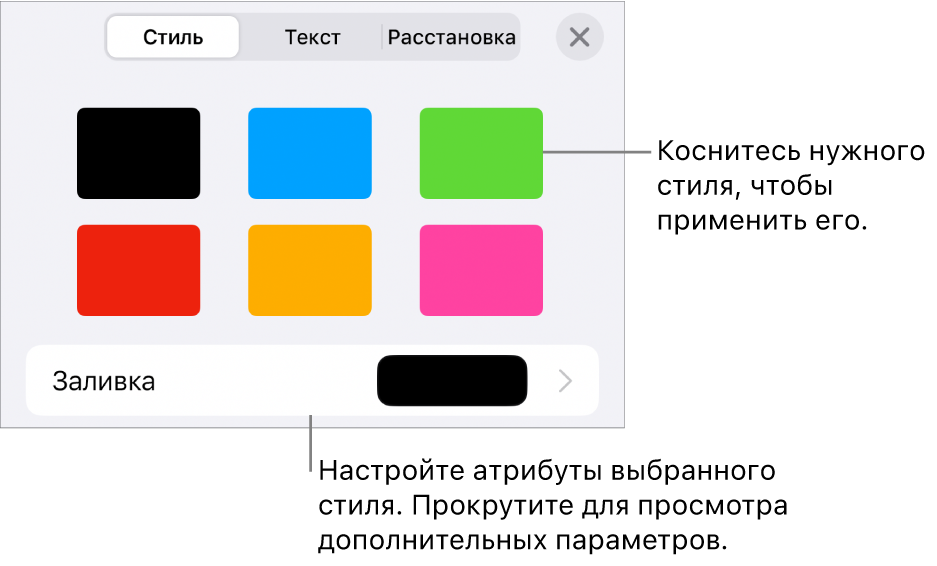 Вкладка «Стиль» в меню «Формат» со стилями объектов в верхней части и расположенным под ними элементом управления для изменения заливки.