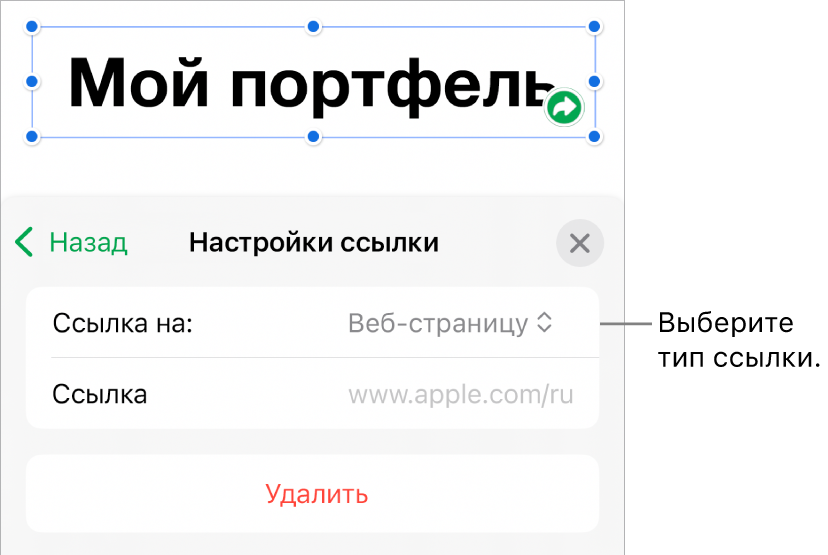 Элементы управления «Настройки ссылки»; выбран элемент «Веб-страница». В нижней части экрана показана кнопка «Удалить».