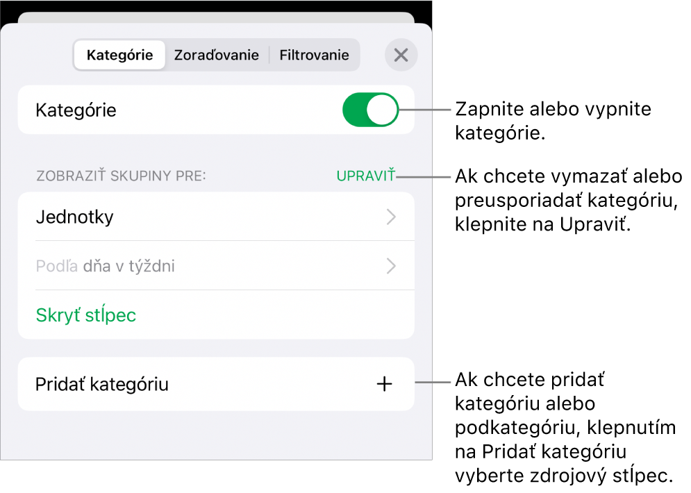 Menu Kategórie pre iPhone s možnosťami vypnutia kategórií, vymazania kategórií, zmeny zoskupenia dát, skrytia zdrojového stĺpca a pridania kategórií.