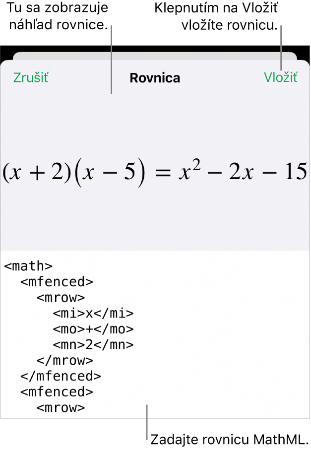 Dialógové okno Rovnica zobrazujúce rovnicu napísanú pomocou príkazov MathML, vyššie sa nachádza náhľad vzorca.