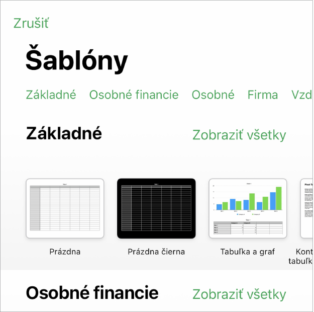 Výber šablón zobrazujúci v hornej časti riadok kategórií, na ktoré môžete klepnúť a filtrovať tak možnosti. Nižšie sa nachádzajú miniatúry preddefinovaných šablón usporiadaných do riadkov podľa kategórií.
